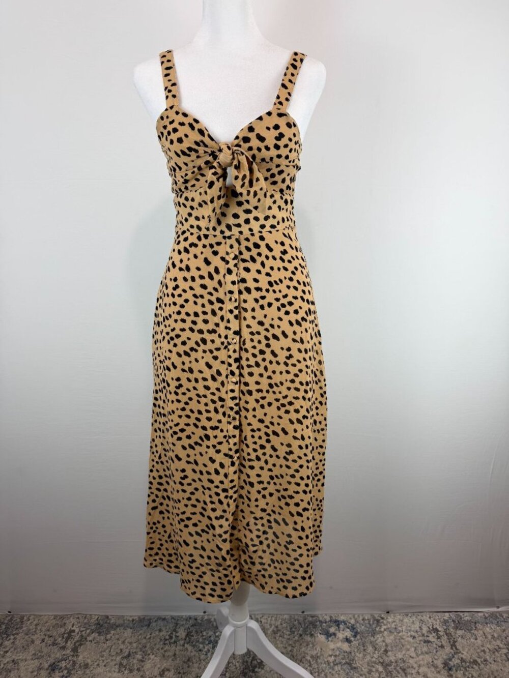 Forever 21 Leopard Print Tie Front Midi Dress Women’s Small Tan Black Sleeveless